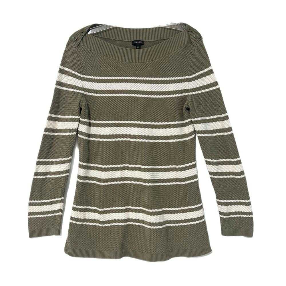 Talbots Sweater Womens Medium Green Basket Weave Cotton Blend Striped Nautical